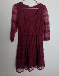 Altar'd State Lace Burgundy Sleeve Skater Dress